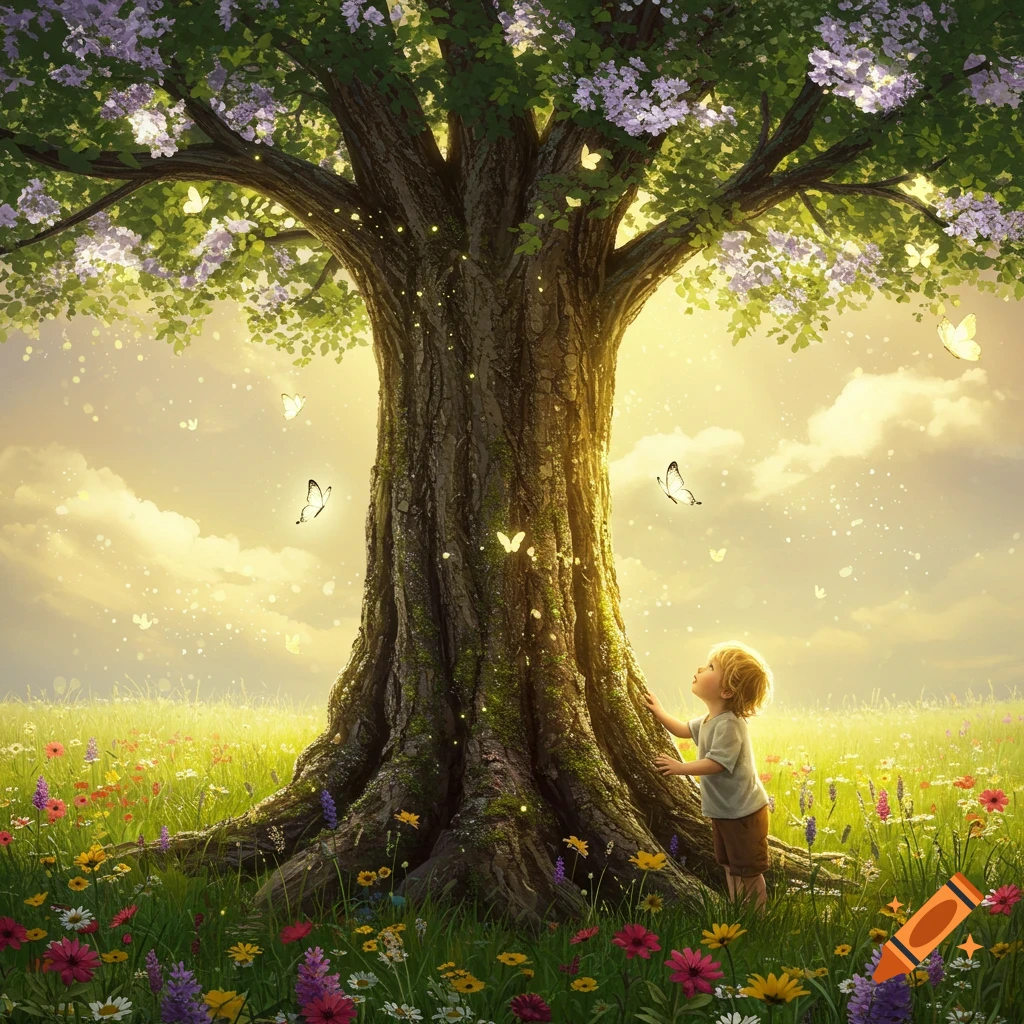 A young child stands by a large tree with purple flowers and glowing particles, with butterflies in a sunny meadow of wildflowers.