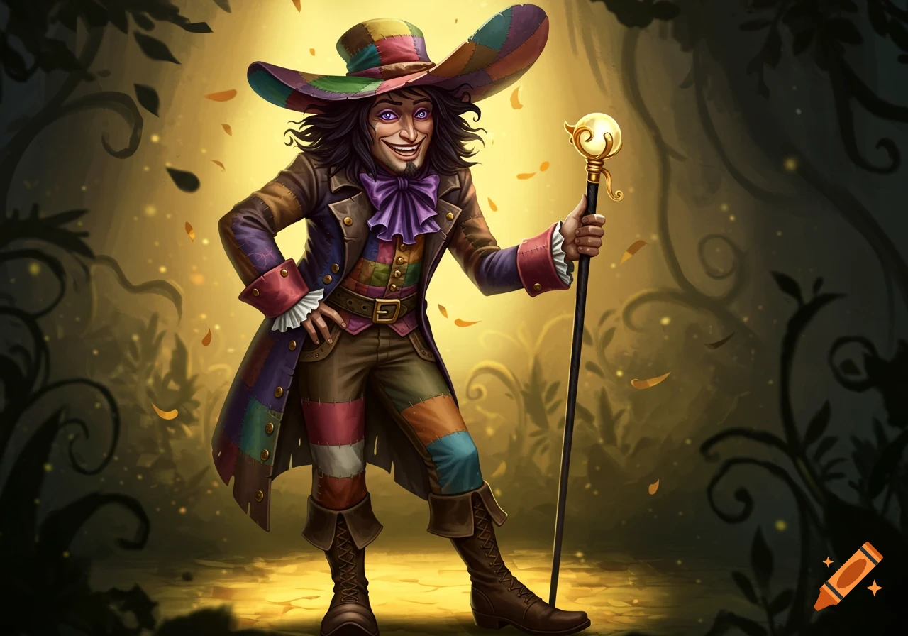 A whimsical man with wild dark hair, purple eyes, and a wide grin wears a colorful patchwork hat and coat, holding a gold-topped cane.