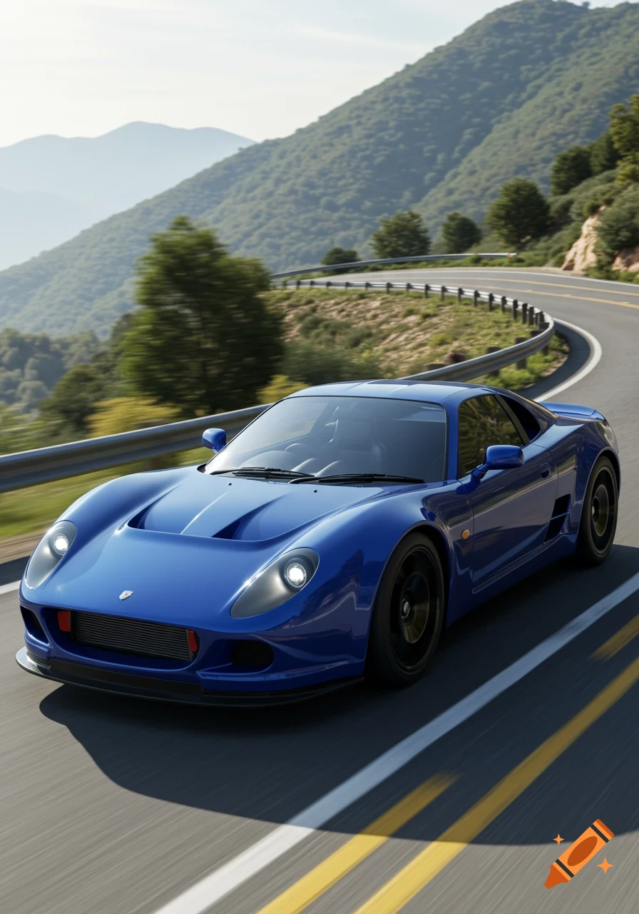 A sleek blue sports car drives on a winding mountain road with green hills in the background.