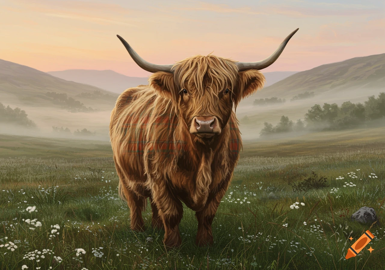 A shaggy Highland cow with a tartan pattern on its fur stands in a misty field with mountains at sunrise.