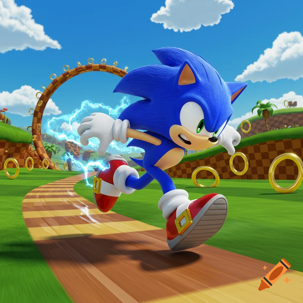 Sonic the Hedgehog speeds across a grassy, checkered track, surrounded by golden rings and an electric aura.