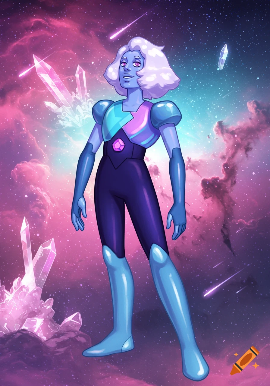 A blue-skinned cartoon character in a blue and purple suit stands in a vibrant pink and blue galaxy with sparkling stars and floating crystals.