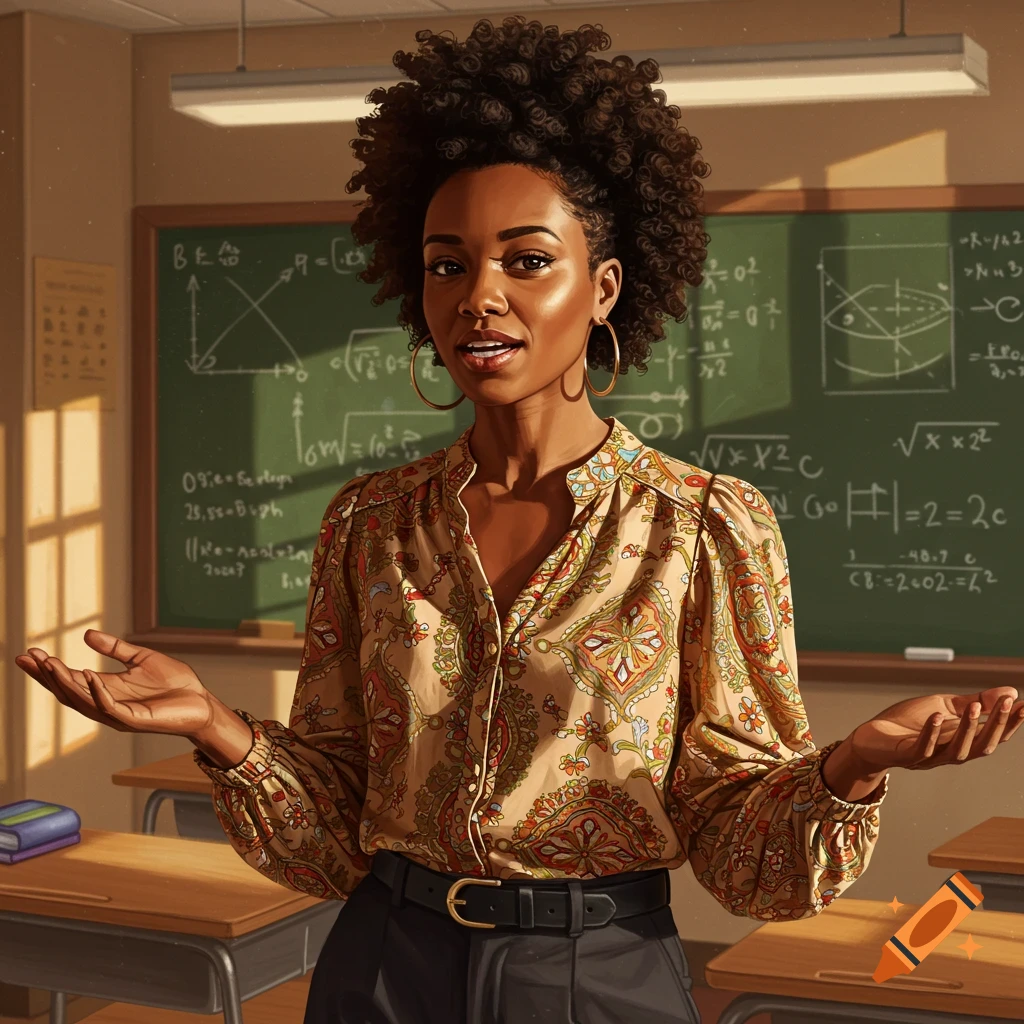A photorealistic image of a Black woman teacher with kinky twists hair standing in a classroom with a blackboard behind her.