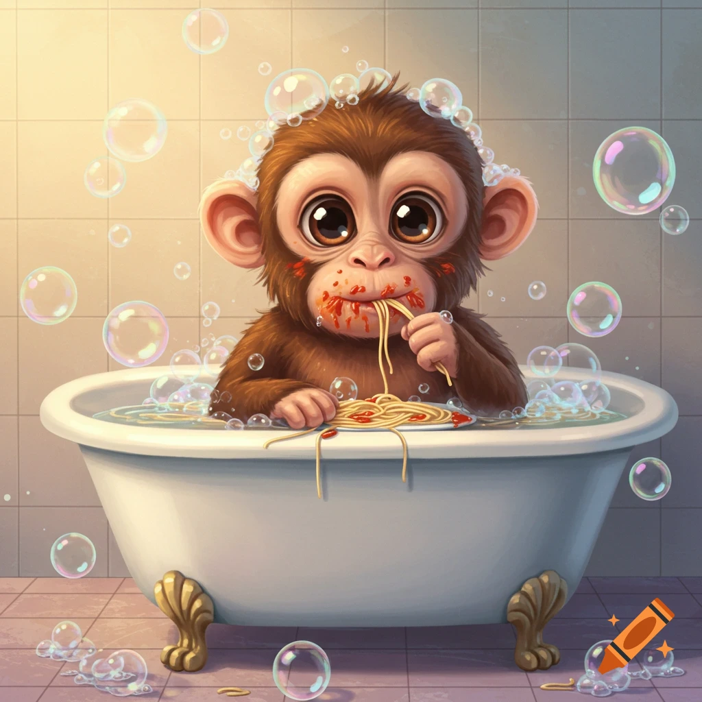 A cute baby monkey with big eyes sits in a bubble-filled bathtub, messy with spaghetti and sauce, in a Pixar-style illustration.
