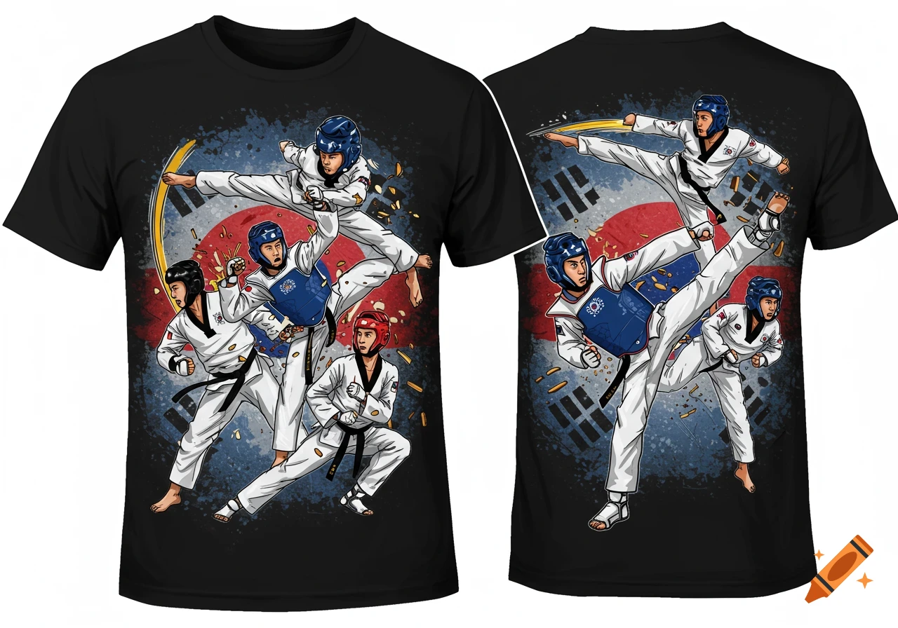 A dynamic illustration on a black t-shirt shows several Taekwondo practitioners in action poses, with a stylized South Korean flag in the background.