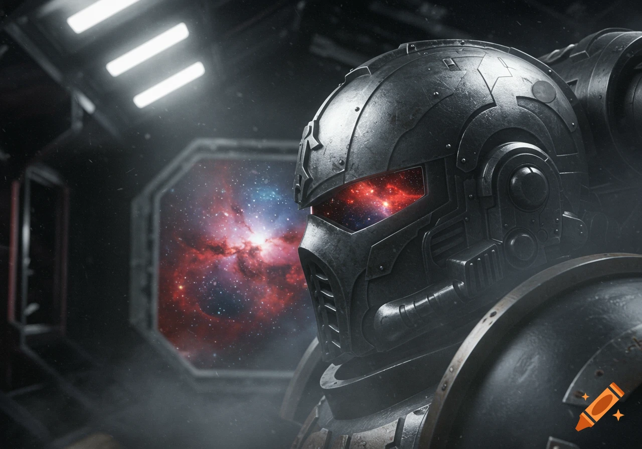Close-up of a futuristic Space Marine helmet with red glowing eyes, looking towards a colorful nebula through a spaceship window.