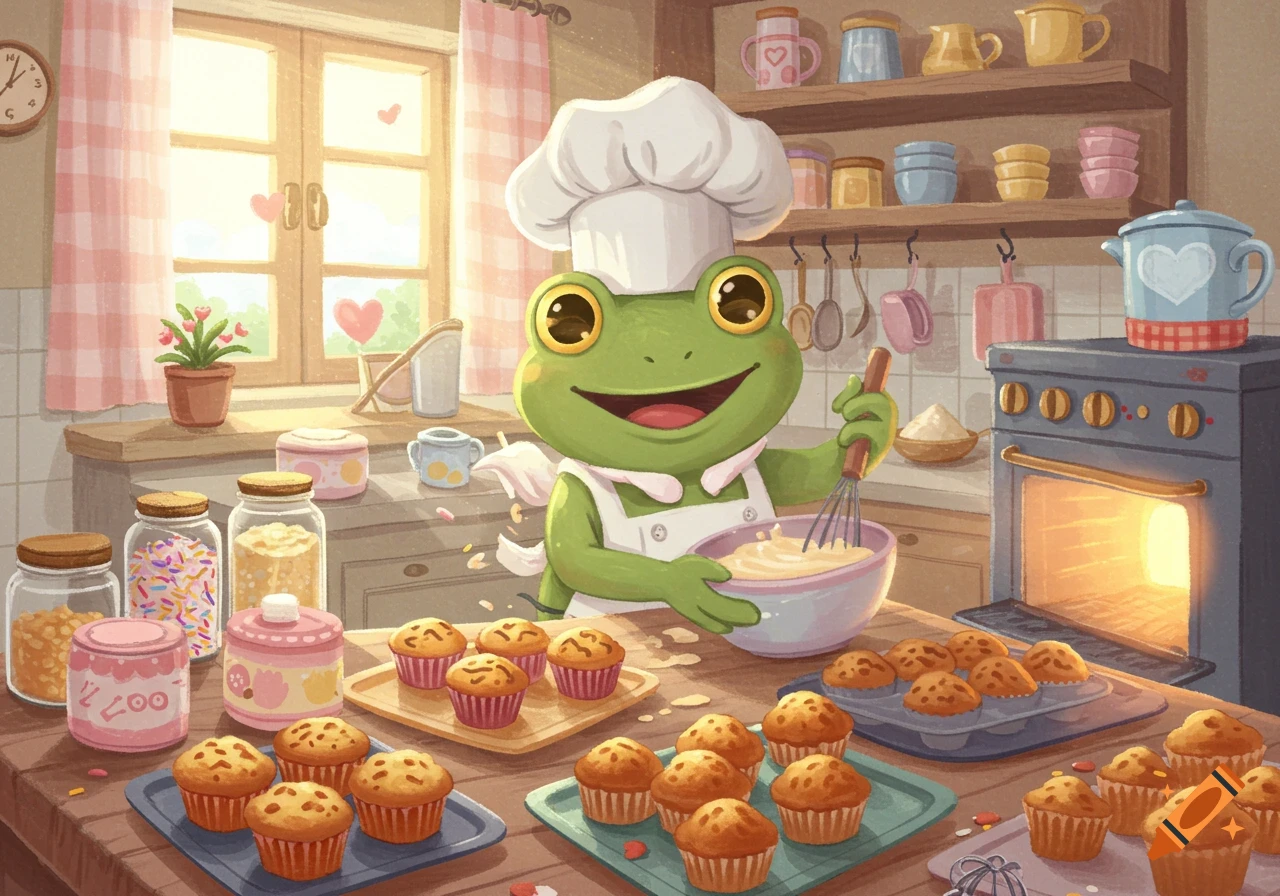 A happy cartoon frog chef bakes muffins in a sunny kitchen, surrounded by jars of ingredients and baked goods.