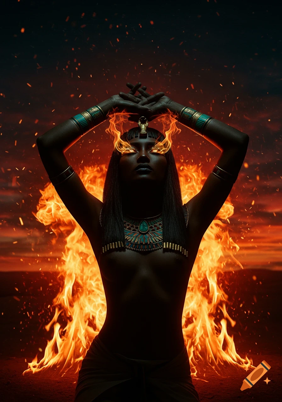 A dark-skinned Egyptian queen figure with fiery eyes, surrounded by flames, hands raised overhead.