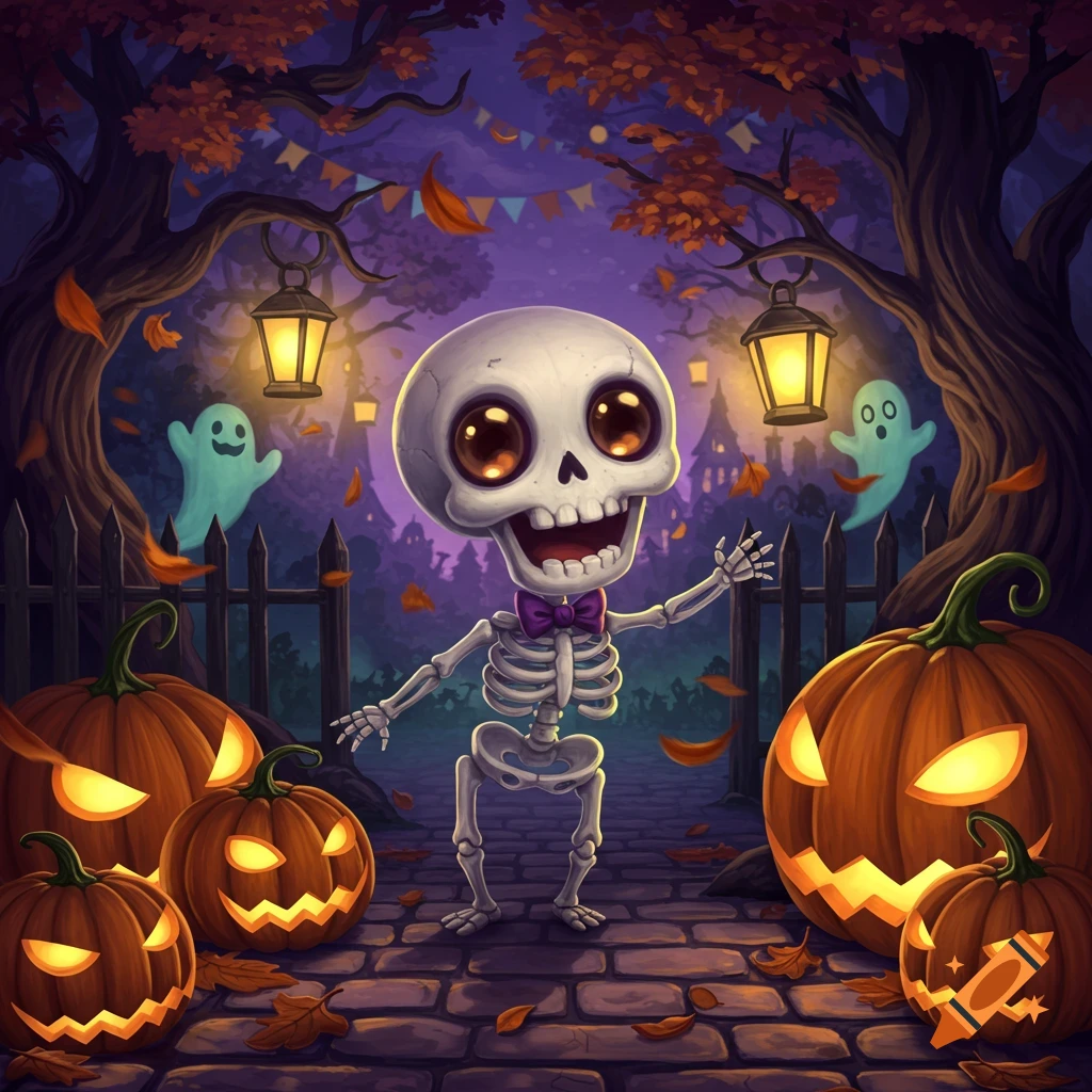 A cute cartoon skeleton in a bow tie waves on a cobblestone path, surrounded by glowing jack-o'-lanterns, ghosts, and trees at night.