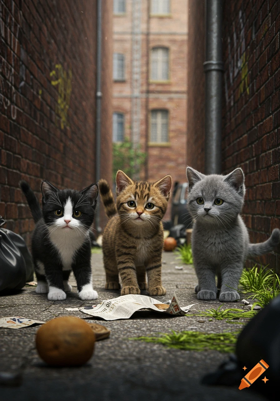 Three photorealistic kittens, black and white, tabby, and grey, stand on a littered street in a brick alleyway.