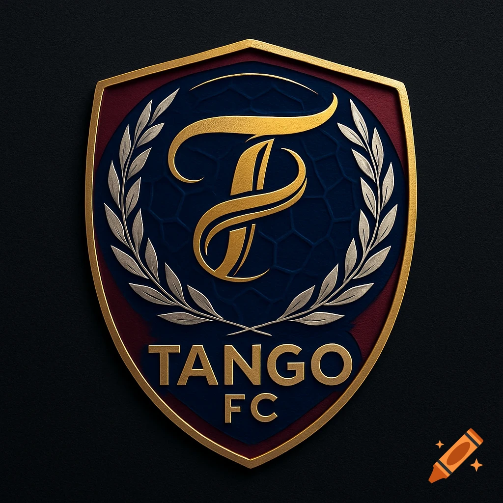 A detailed golden and blue shield-shaped football club badge with a stylized T, laurels, and TANGO FC text.