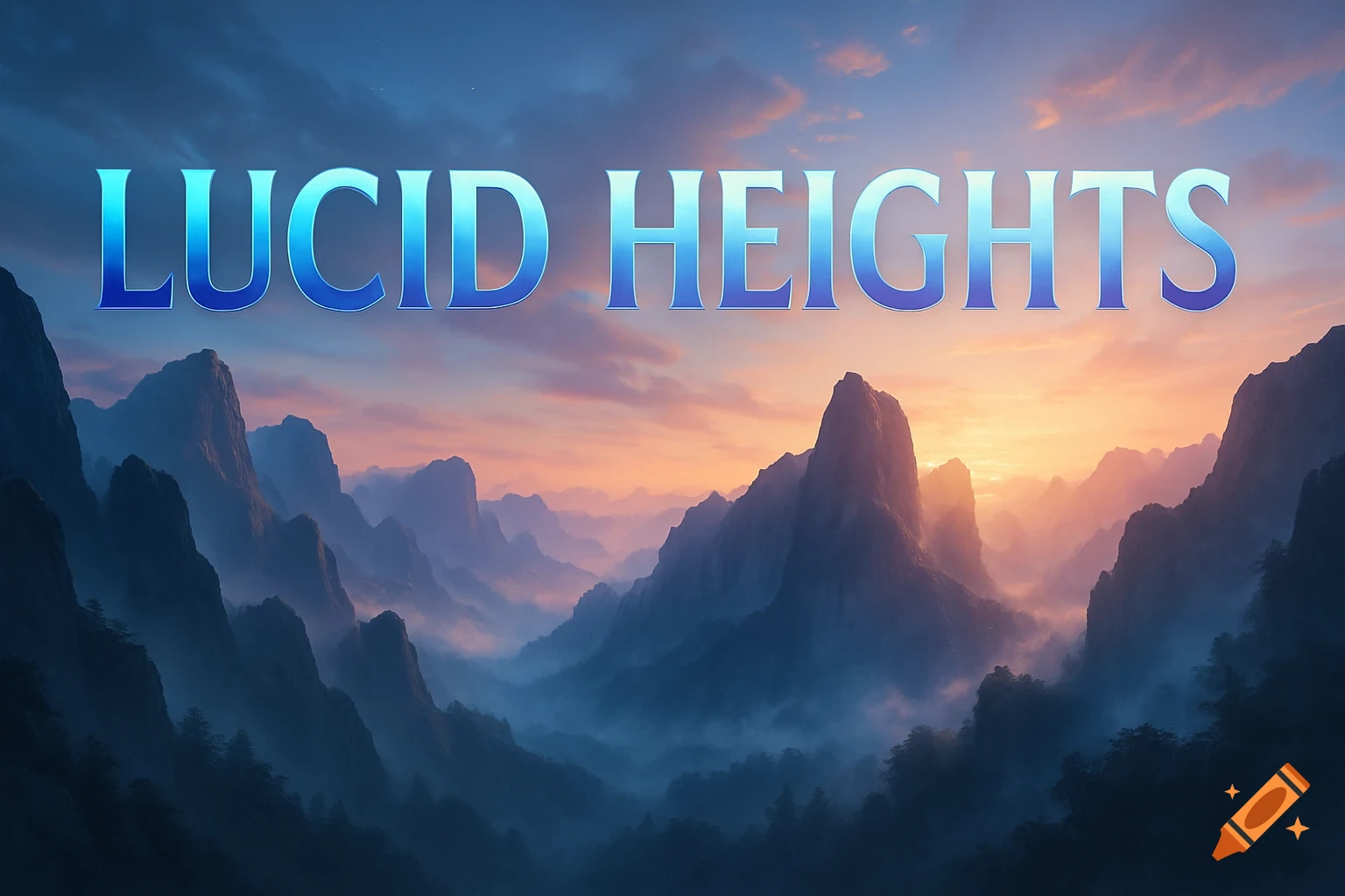 Text 'LUCID HEIGHTS' above a dramatic mountain landscape with misty valleys at sunset or sunrise.