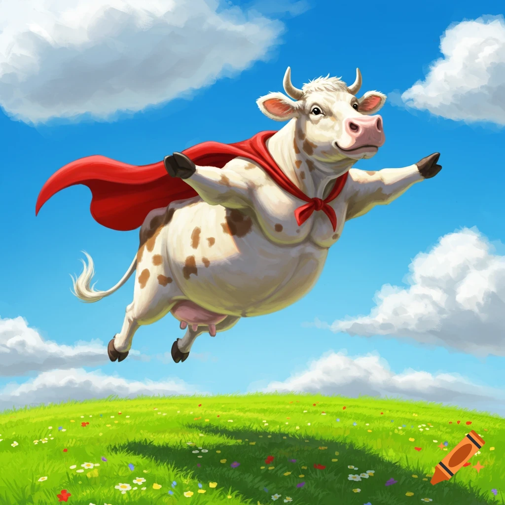 A cartoon cow in a red cape flies through a blue sky over a green field with wildflowers.
