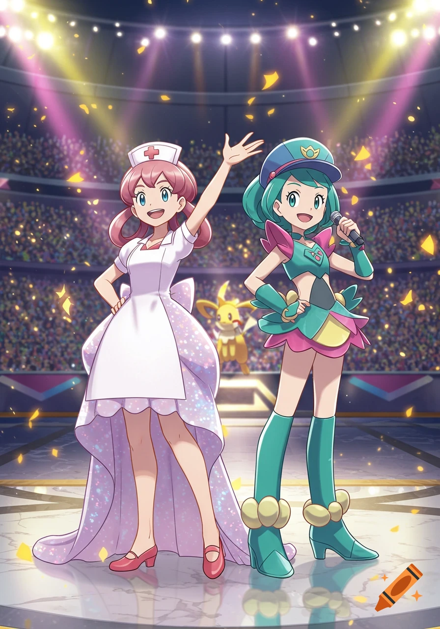Anime illustration of two girls, one in a nurse dress and one in a teal and pink outfit, on a stage with a stadium audience and a Pikachu-like Pok GREAT!emon.