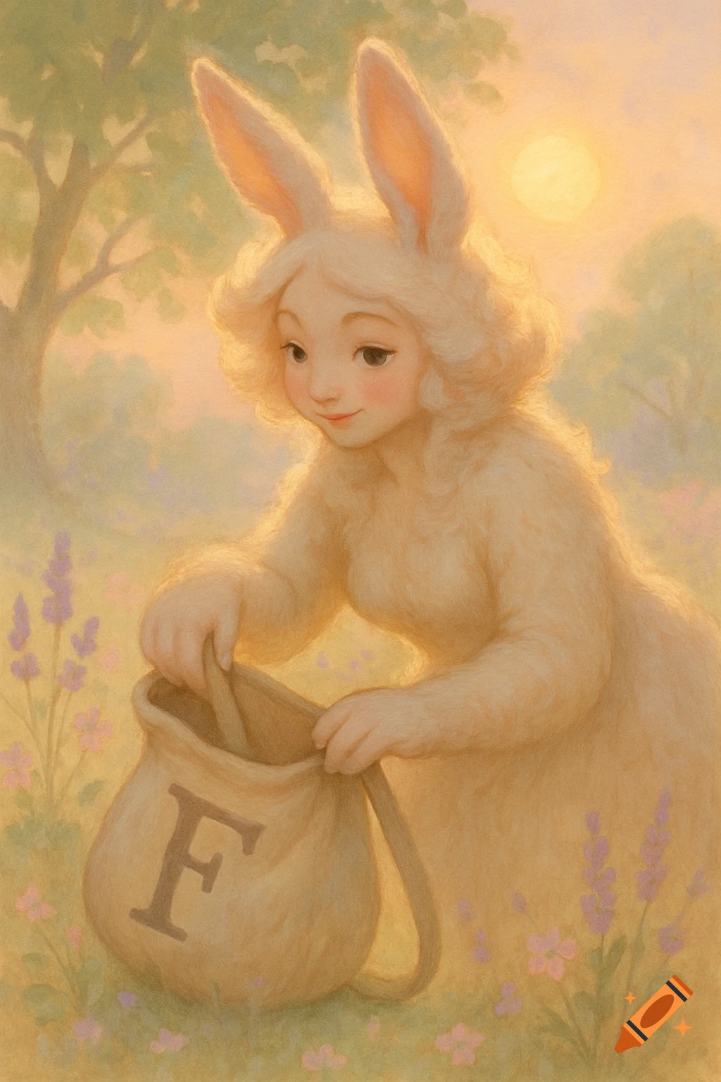 A cute, light-furred half-bunny, half-woman reaches into a bag with a large letter 'F' in a sunlit field of lavender.