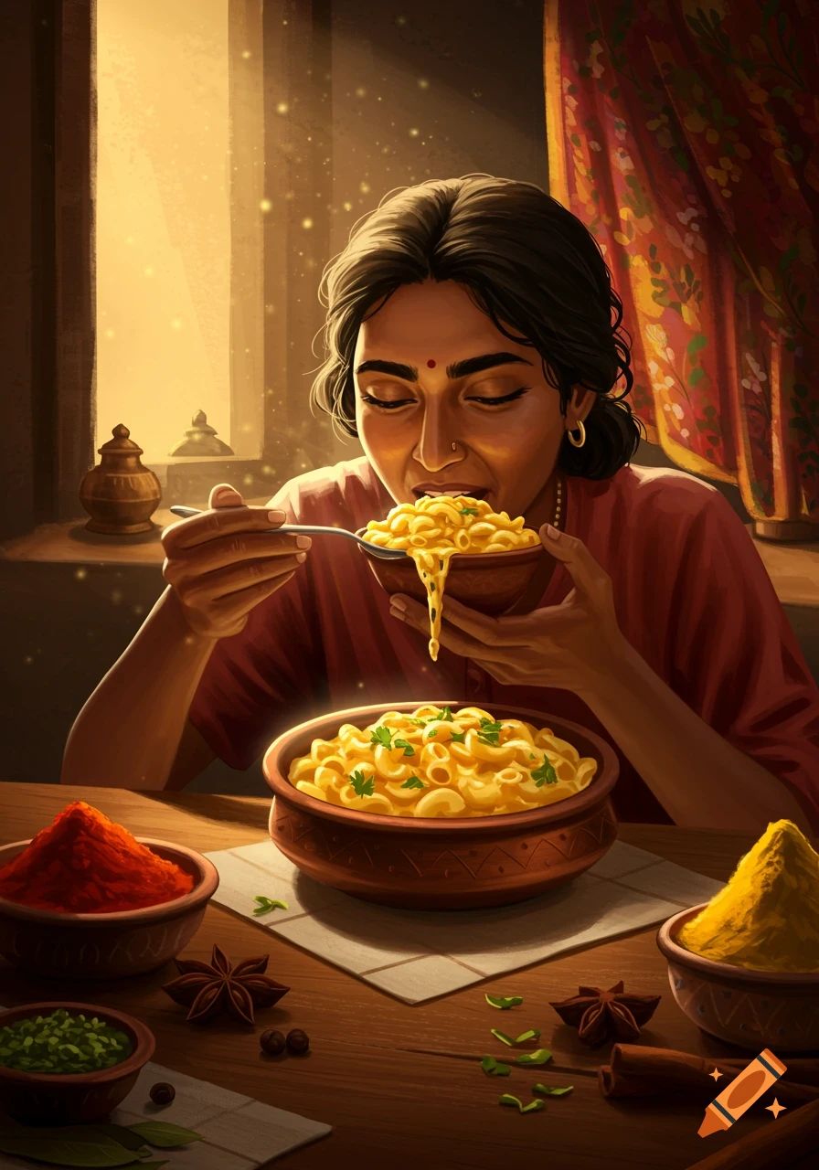 An Indian woman eagerly eats a bowl of macaroni and cheese at a wooden table with spices in a warm, sunlit interior.