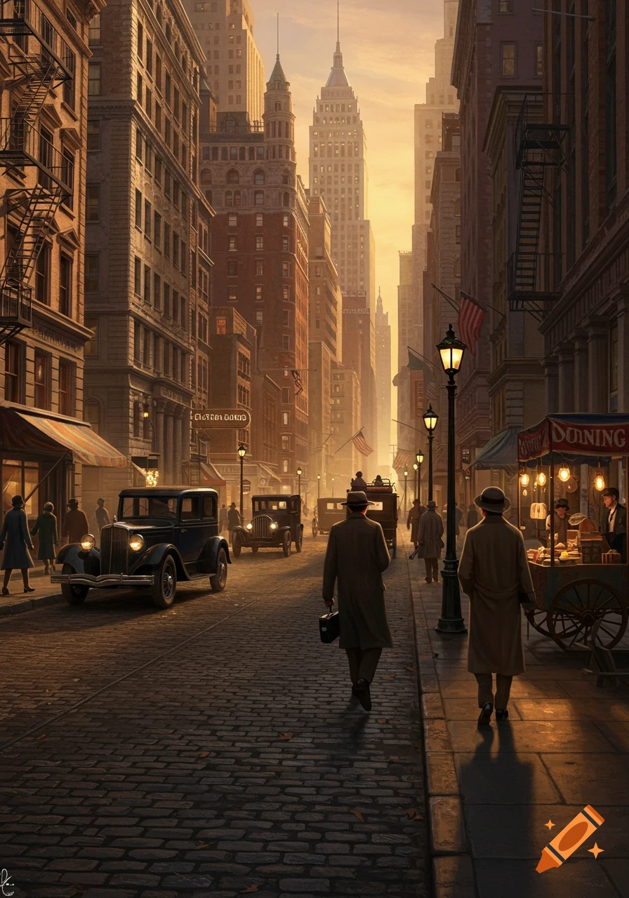 A realistic painting of a bustling 1930s New York City street scene at sunset, with vintage cars and people in period attire, framed by tall buildings.