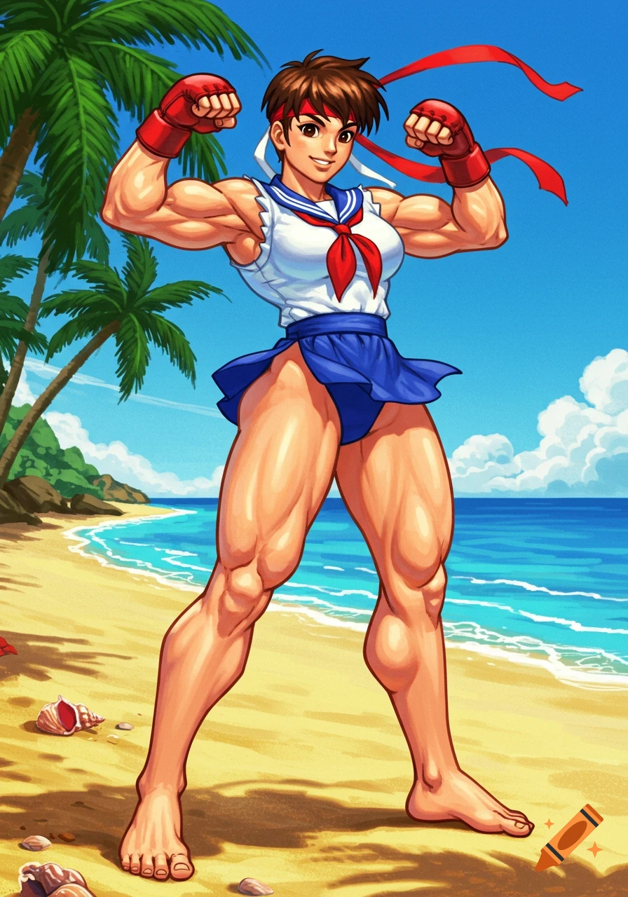 A muscular anime character, Sakura from Street Fighter, flexes her biceps at a sunny beach.