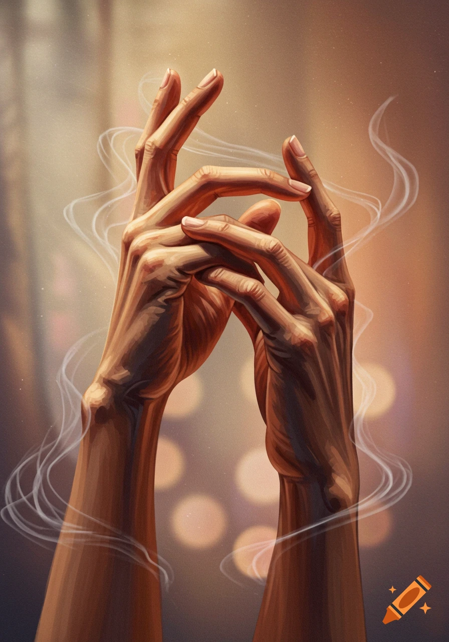 Stylized illustration of two hands reaching upward, with wisps of white smoke swirling around them against a warm, blurred background.