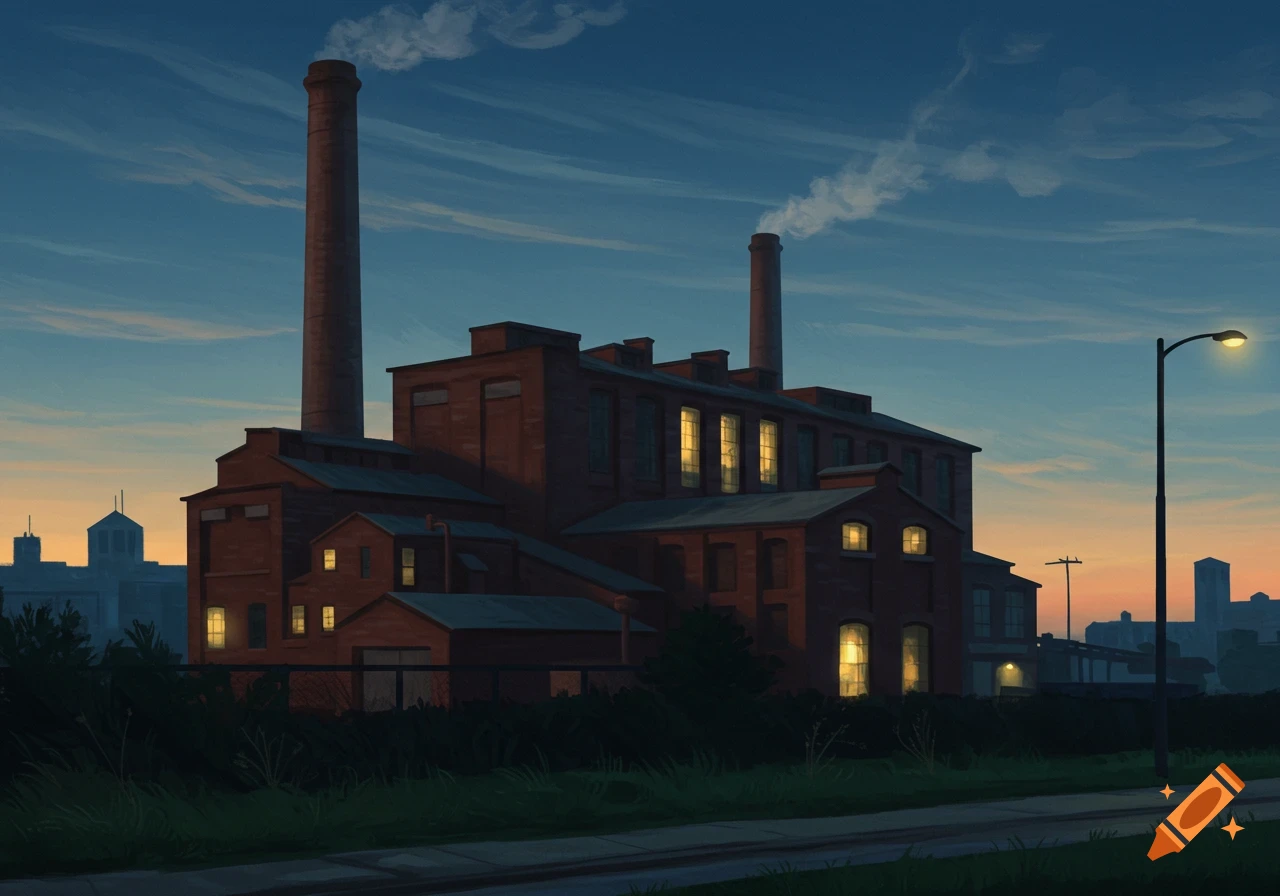 An Edward Hopper-style painting of a red brick factory with smoking chimneys and glowing windows at dusk.