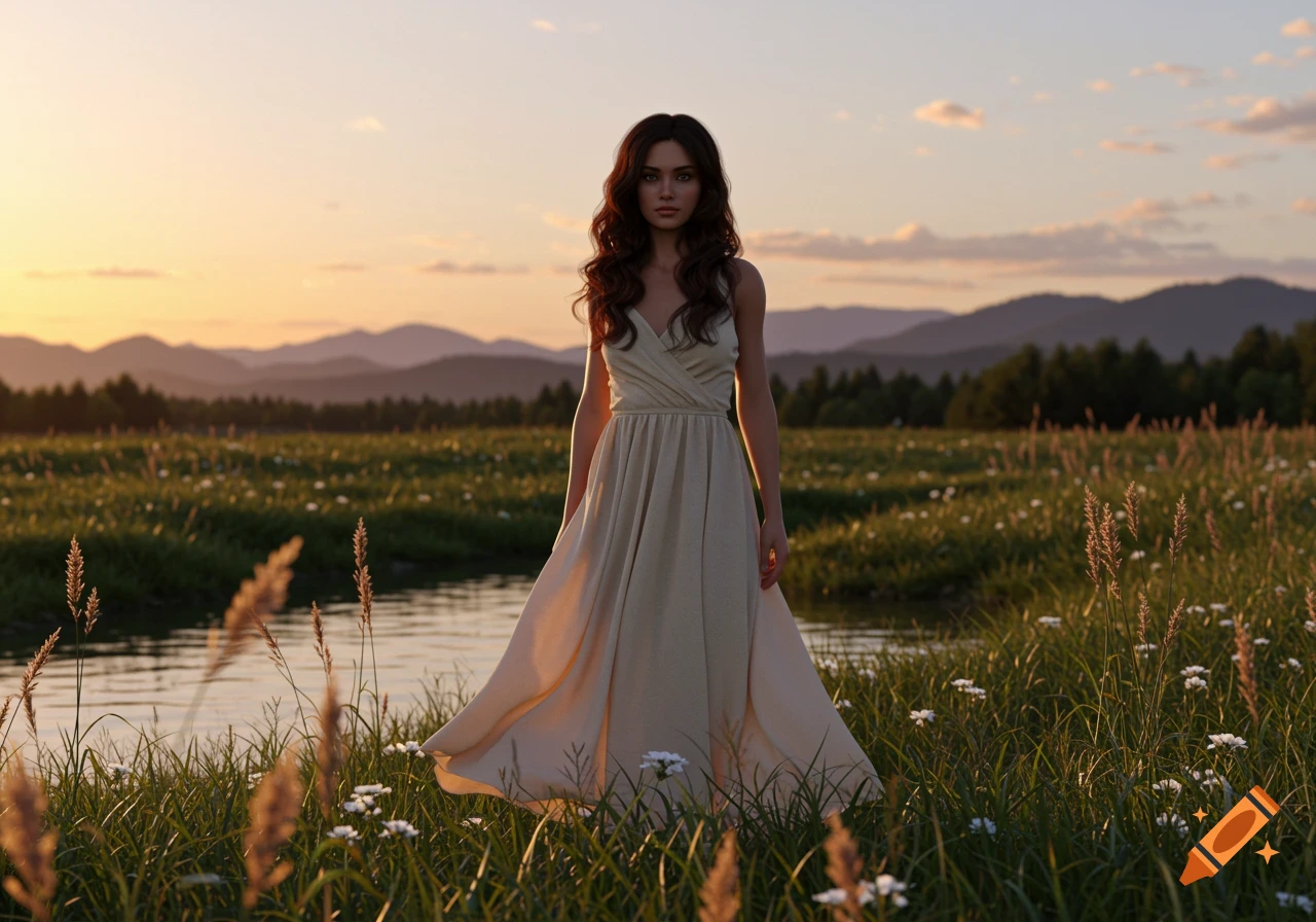 A photorealistic image of a brunette woman in a white dress standing in a grassy field with a stream at sunset, mountains in the background.