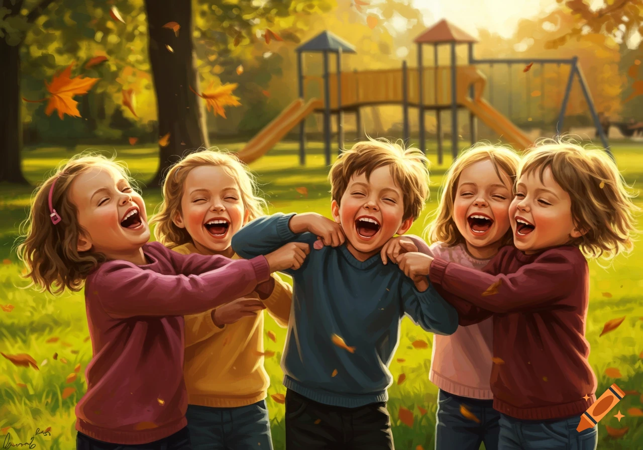 Five happy children laughing joyfully and playing together in an autumn park with a playground in the background.