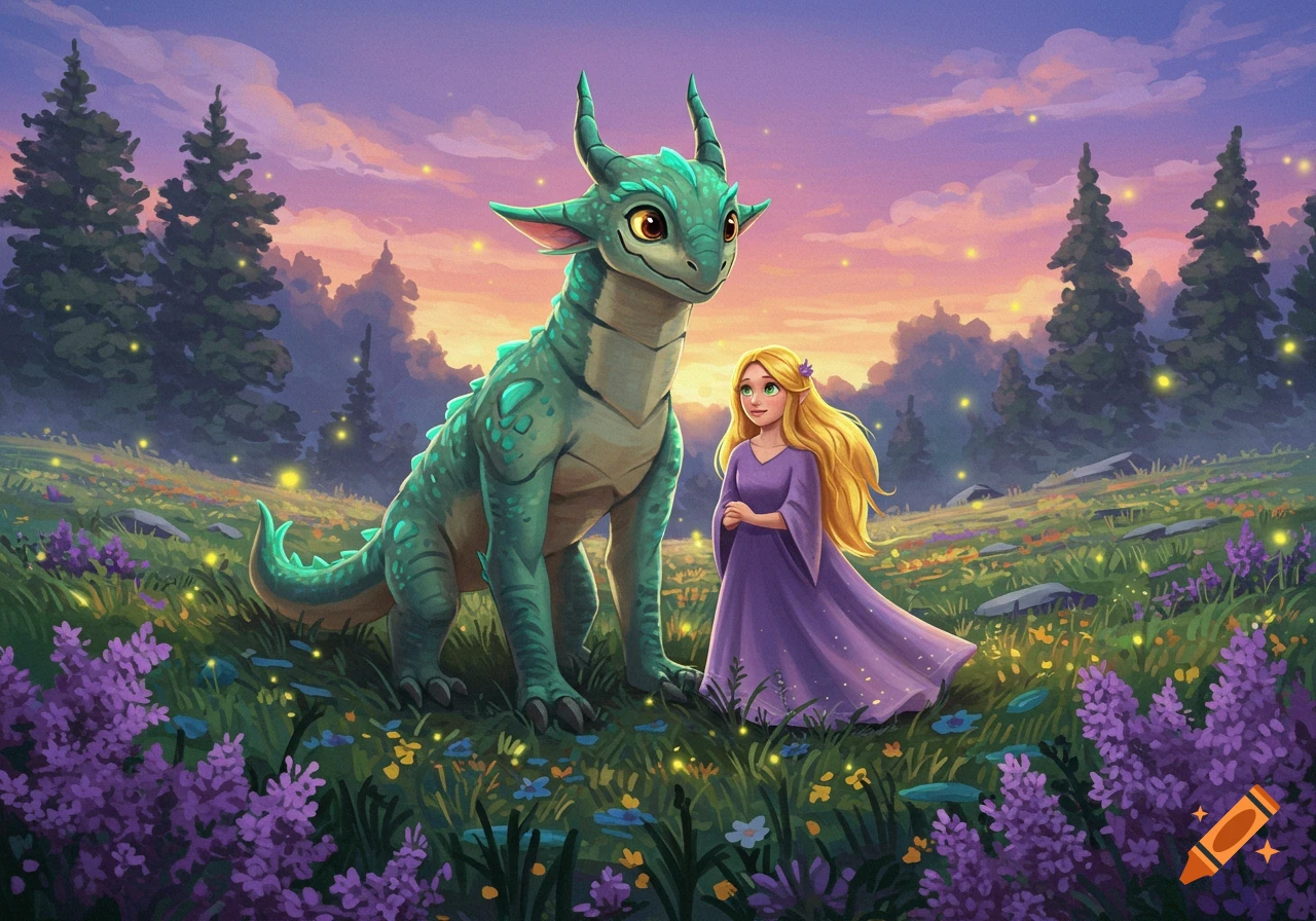 A girl in a purple dress stands next to a small, green dragon in a magical, flower-filled forest at sunset.