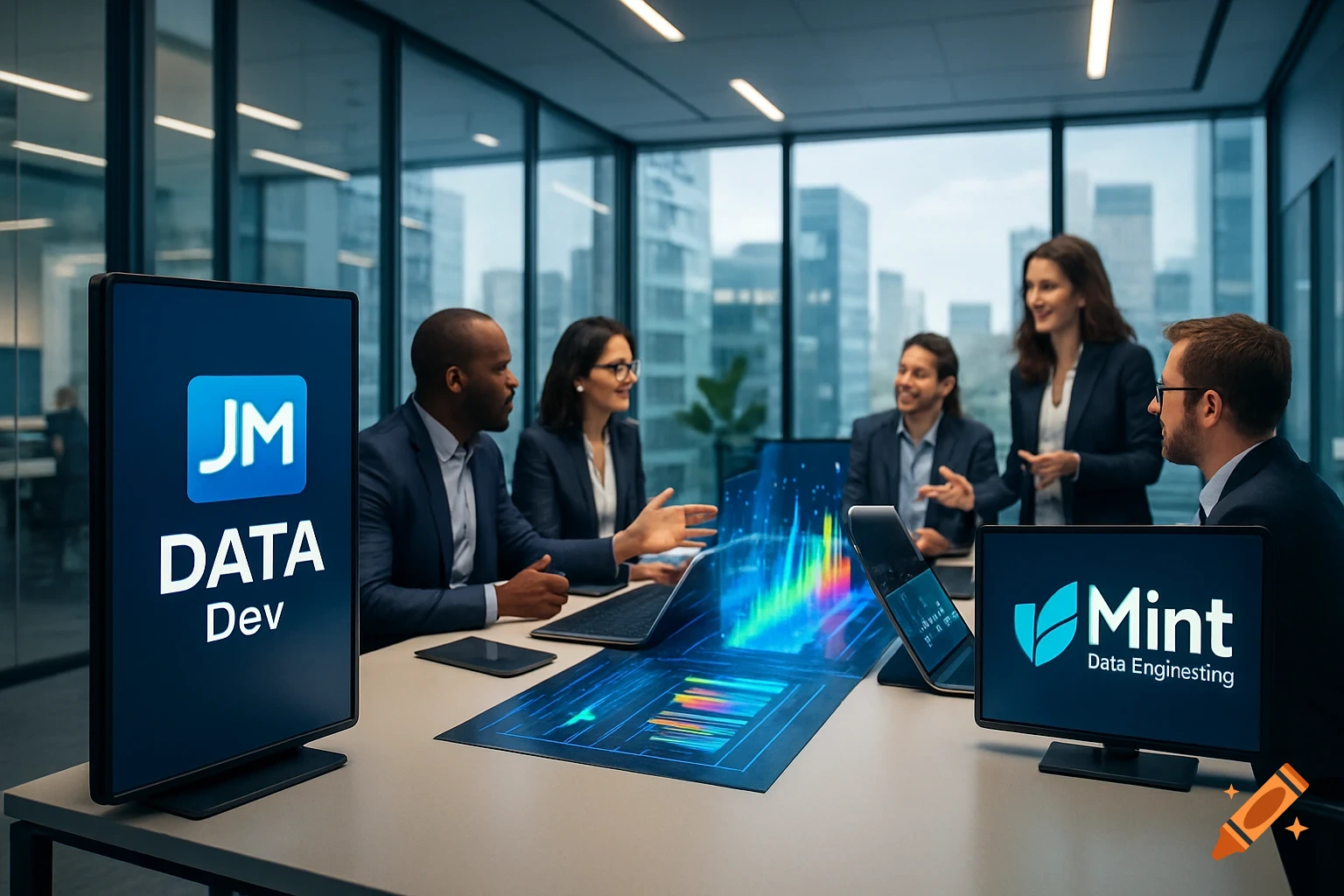 A group of diverse professionals in a modern office meeting, looking at holographic data projections and screens with company logos.
