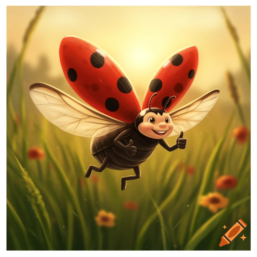 A smiling cartoon ladybug with red wings and black spots flies in a sunny green field, giving two thumbs up.