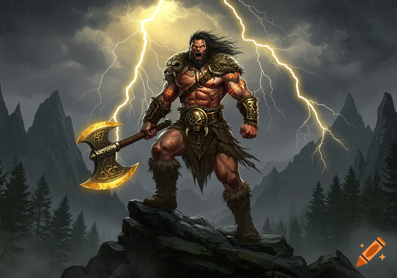 A powerful barbarian with an axe stands on a rocky mountain under stormy skies with lightning.