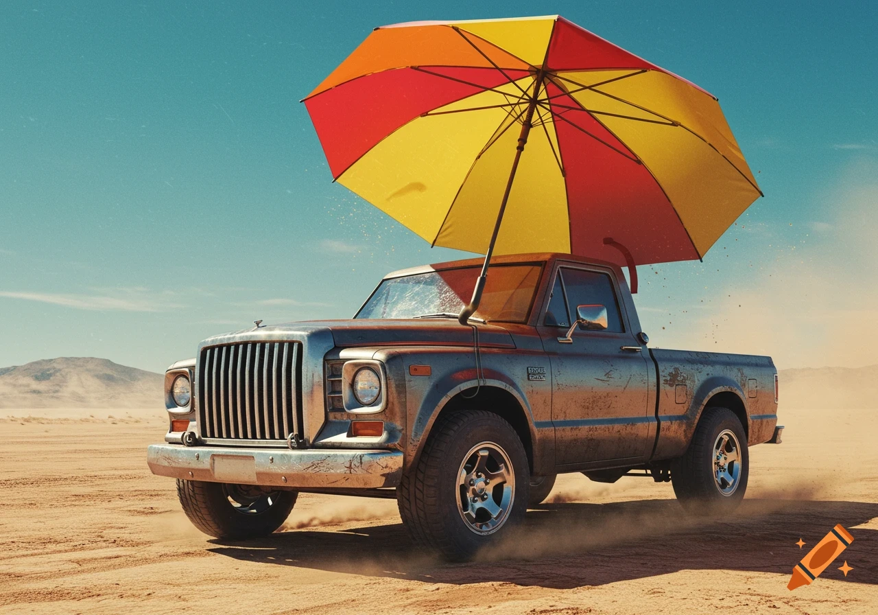 A rusted pickup truck with a large red and yellow umbrella mounted on its front drives through a desolate sandy desert.
