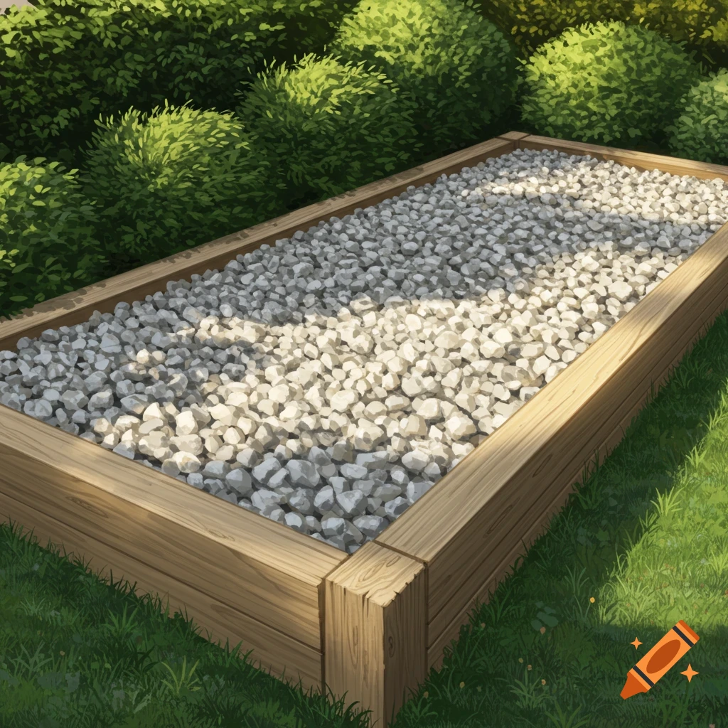 A planter bed with wooden edging filled with white rocks, surrounded by green grass and bushes in a sunny garden.