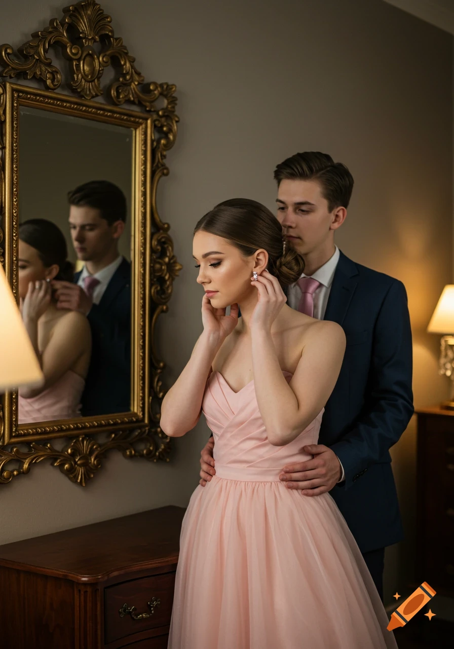 A woman in a pink strapless dress puts on earrings in front of a mirror, with a man in a suit standing behind her.