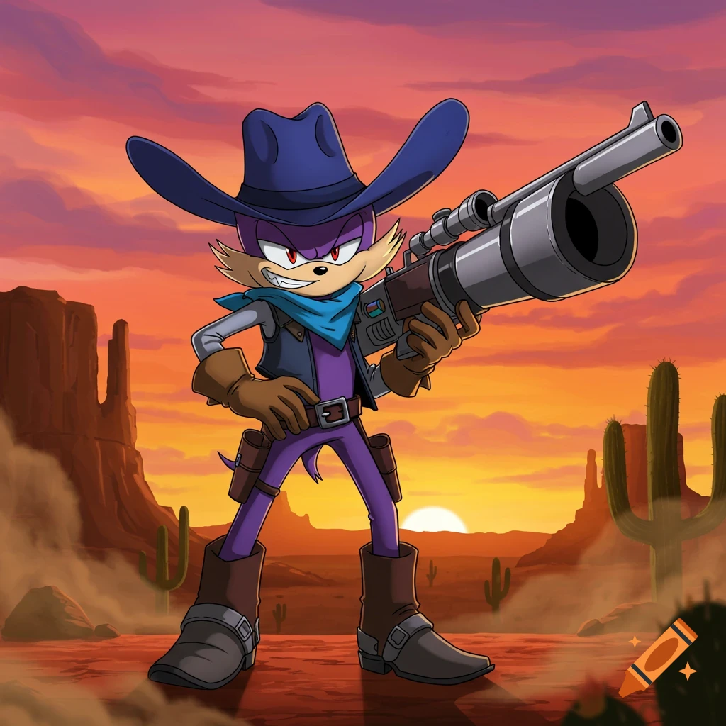 A purple, fox-like cartoon character with a blue cowboy hat, bandana, and brown gloves holds a large rifle in a desert landscape at sunset.