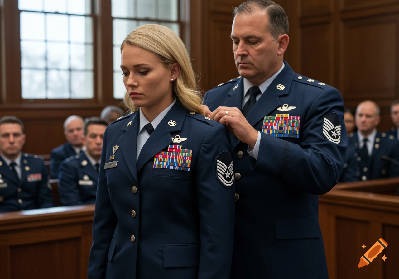 A blonde female Air Force officer in uniform stands while a male officer adjusts her shoulder in a courtroom.