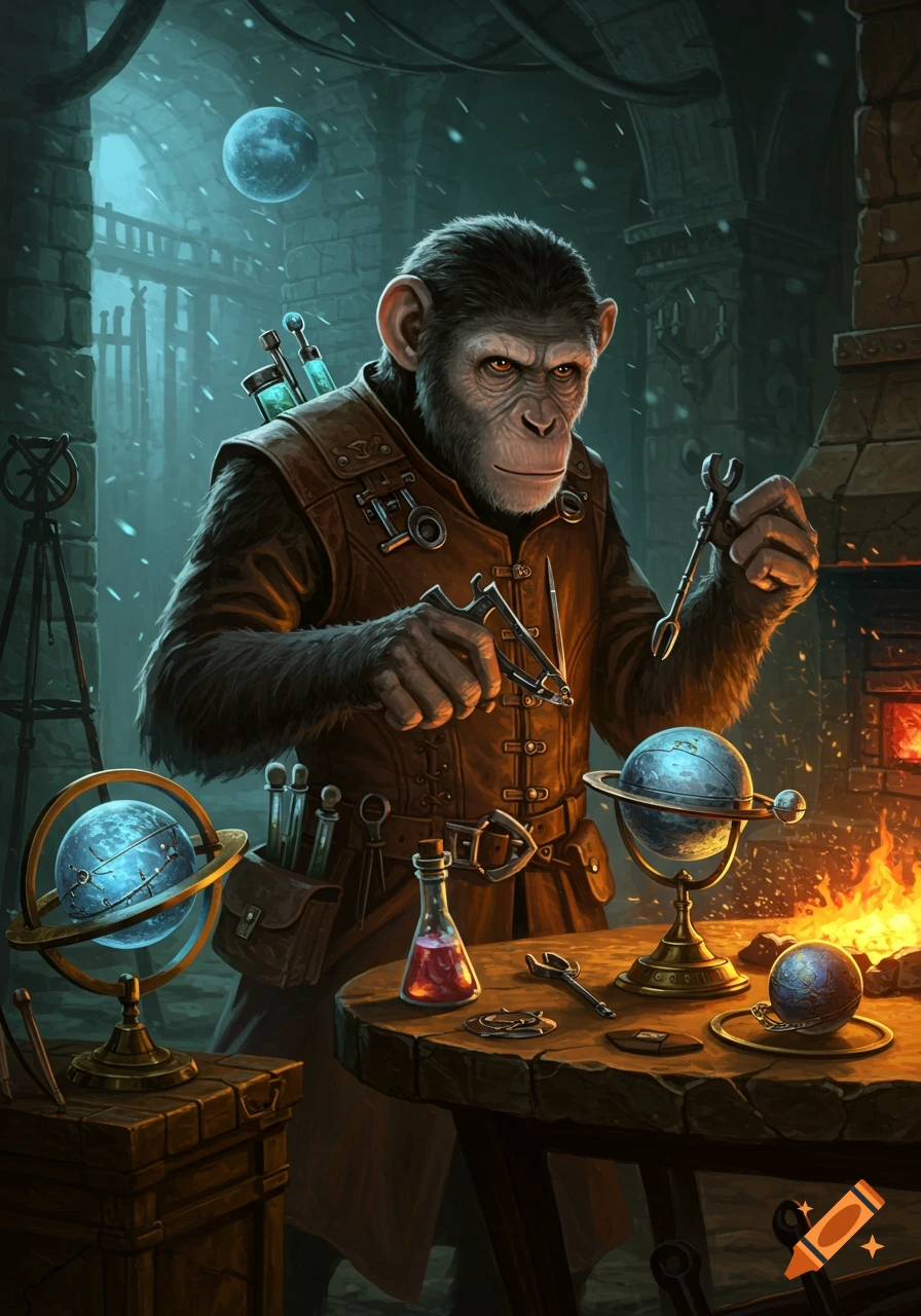 A chimpanzee artificer in a leather vest works with tools and glowing globes in a detailed, dimly lit fantasy workshop with a fireplace.