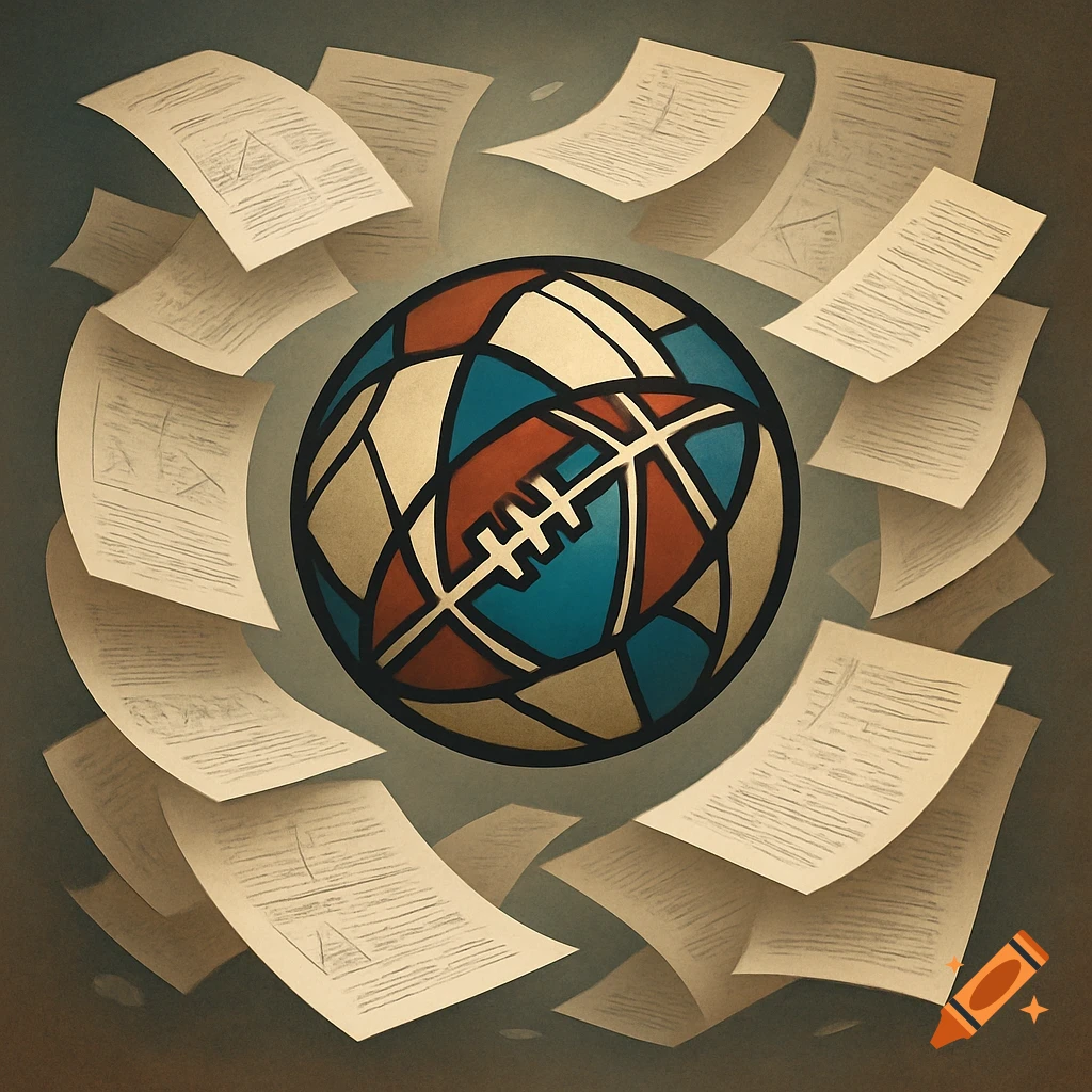A stylized football with a geometric pattern, surrounded by floating academic papers in a digital art style.