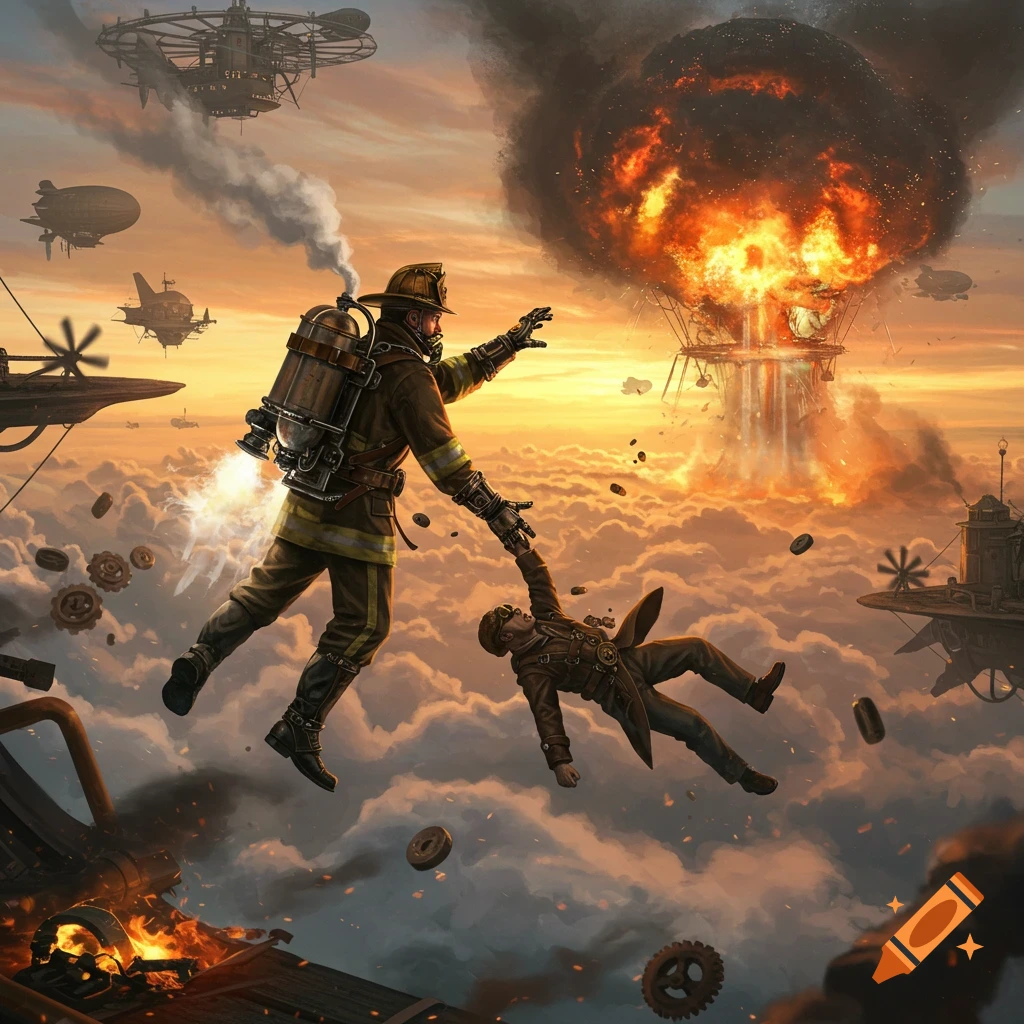 A steampunk firefighter catches a falling pilot high above clouds, with an exploding blimp and other airships in the background.