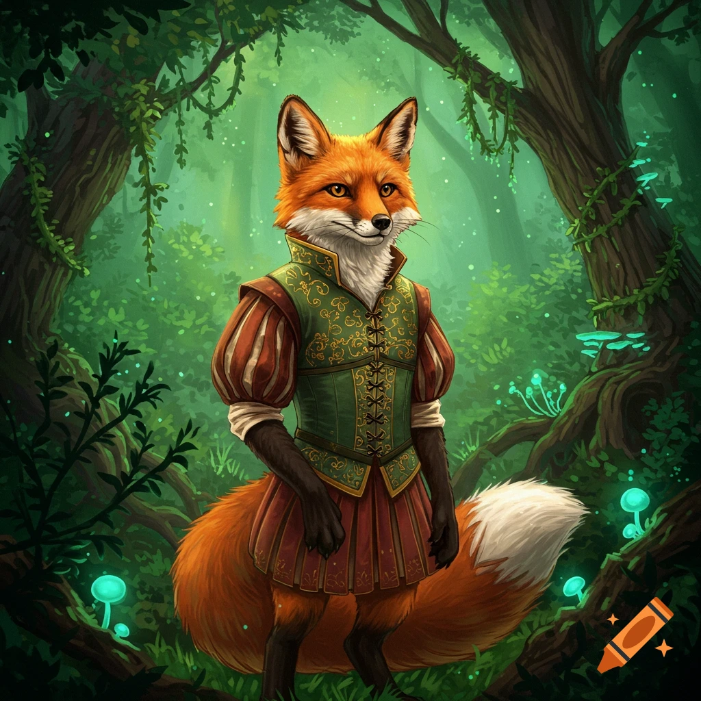An anthropomorphic fox in a green and red Renaissance-style costume stands in an enchanted forest with glowing blue mushrooms.