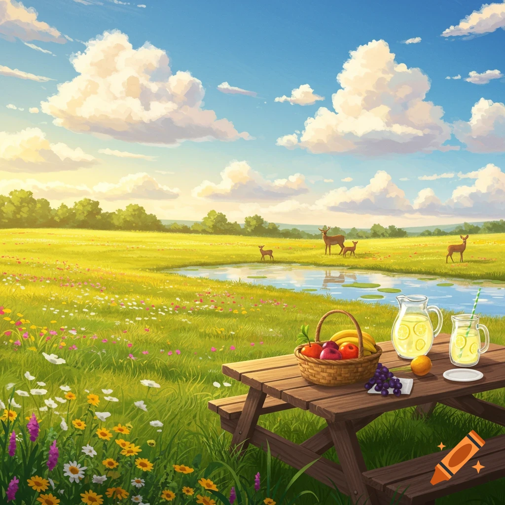 A vibrant, painterly scene of a picnic table with fruit and lemonade in a sunny field with wildflowers, a pond, and deer.
