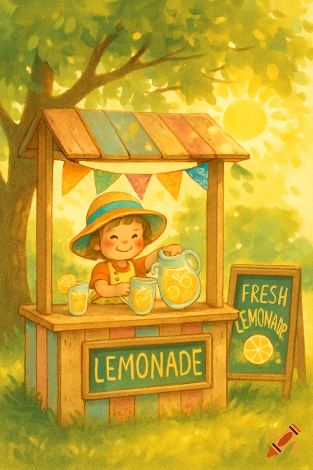 Cute illustration of a smiling child selling lemonade at a stand, with signs that read 'LEMONADE' and 'FRESH LEMONAOR' in a sunny, green setting.