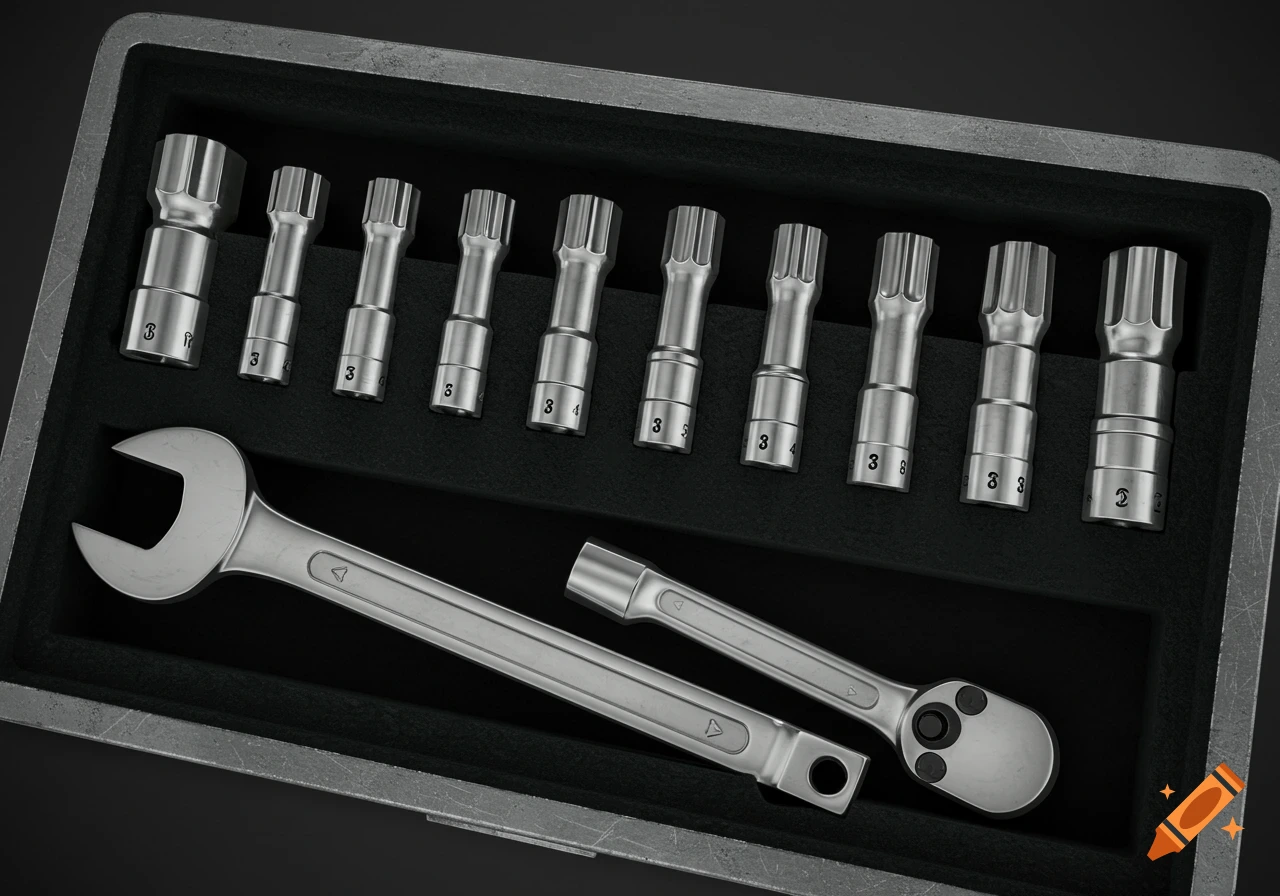 A close-up, photorealistic image of a metallic spanner wrench, a ratchet, and a series of socket wrench heads in different sizes, neatly arranged in a black fitted case.