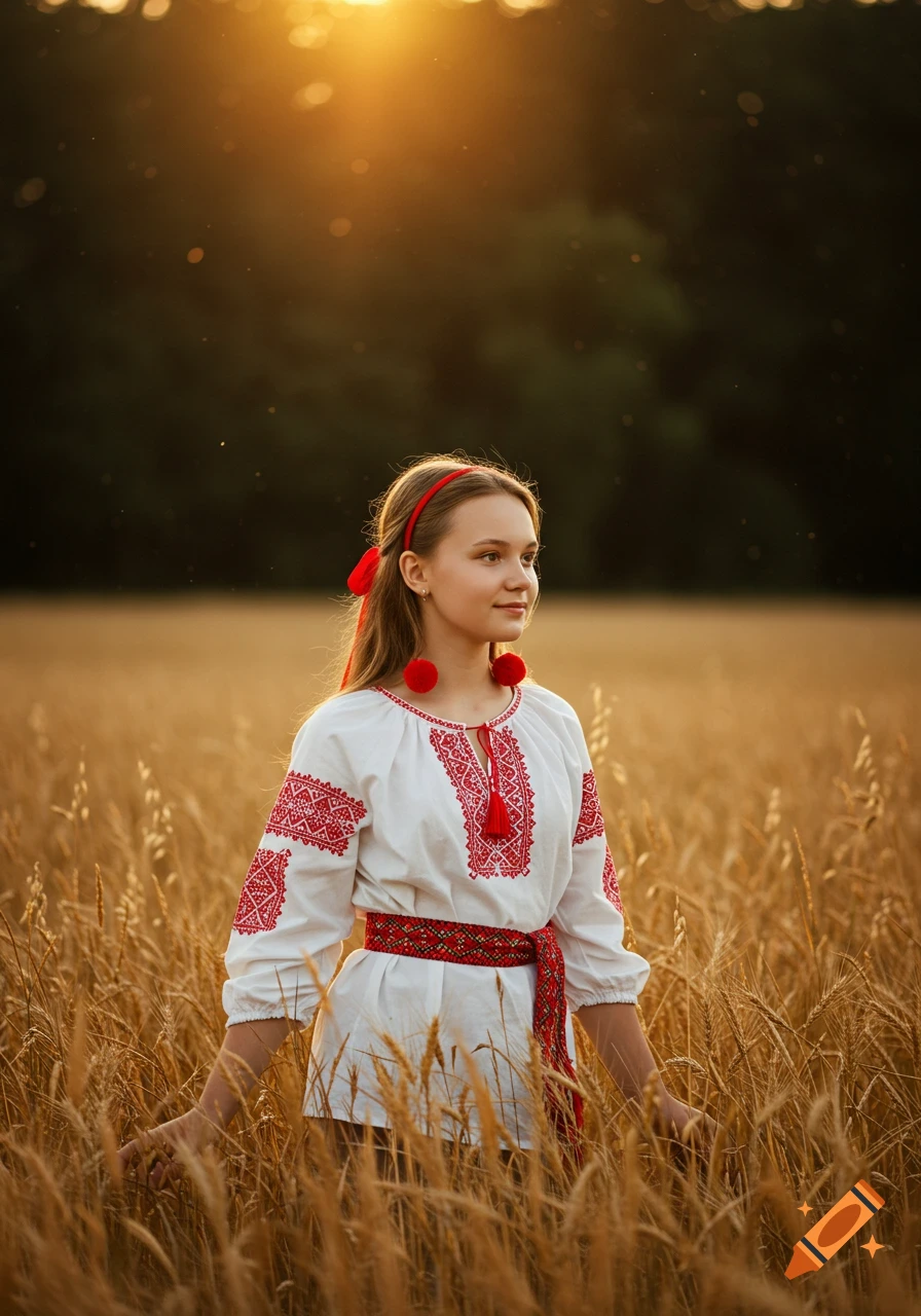 A young girl in a white embroidered shirt and red belt stands in a sunlit wheat field, with a forest in the background.
