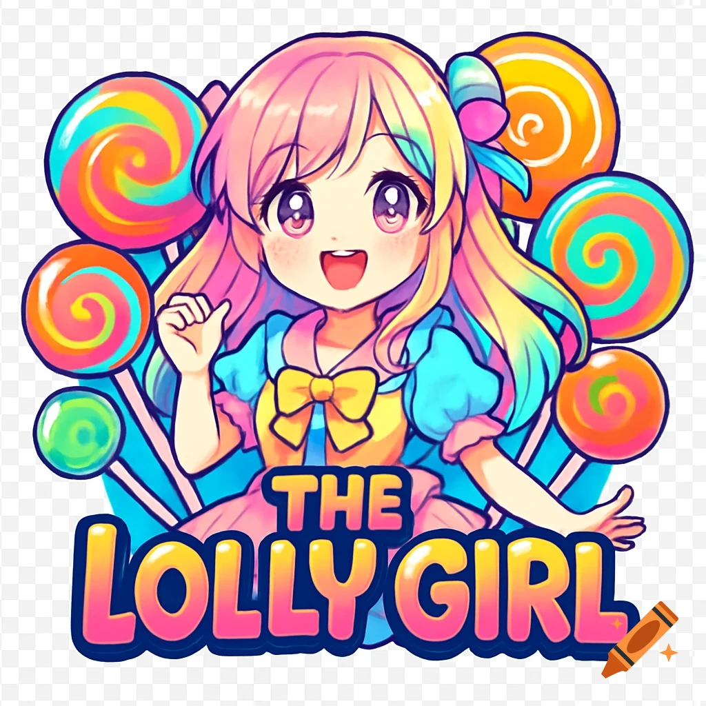 A vibrant anime logo featuring a cheerful girl with rainbow hair surrounded by colorful swirl lollipops, with the text 'THE LOLLY GIRL' below.