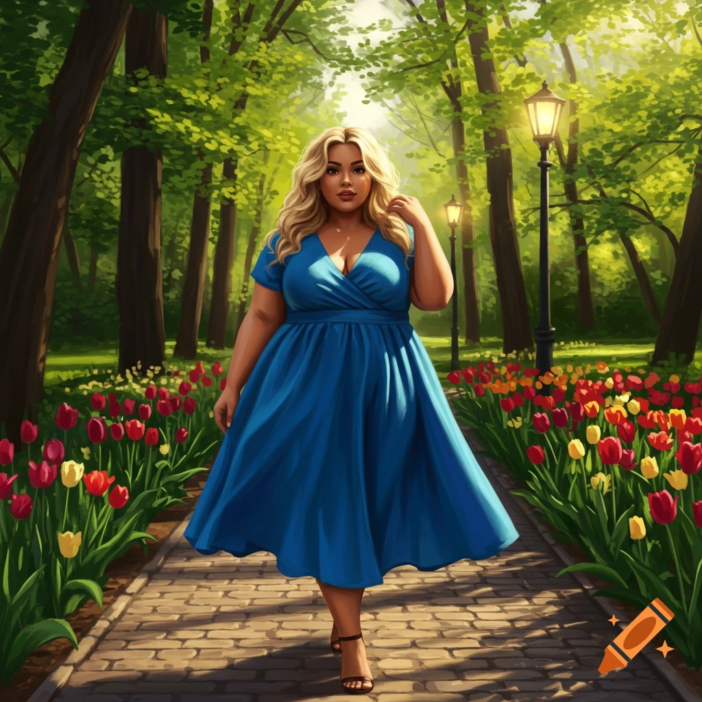 Illustrated portrait of a plus-sized blonde woman in a blue dress walking on a park path lined with colorful tulips.