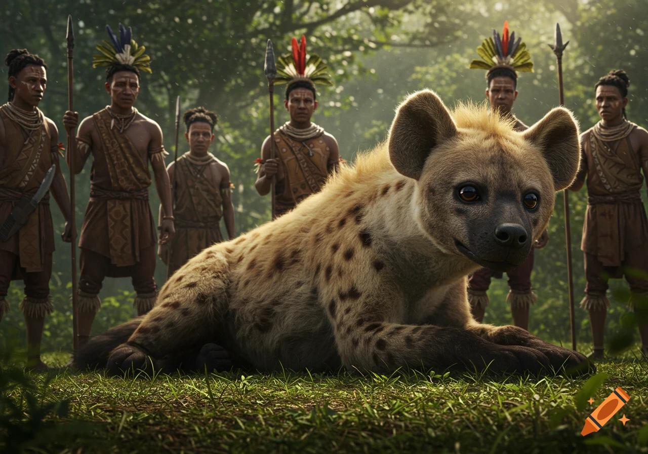 A large photorealistic hyena lies on grassy ground in a forest clearing, with several tribesmen holding spears standing behind it.