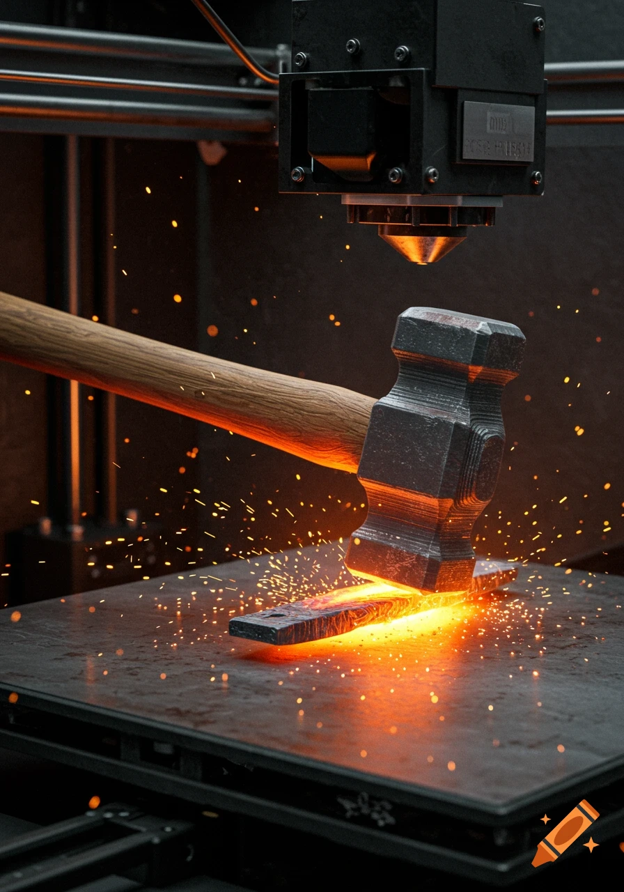 A large hammer strikes a glowing piece of metal on a dark surface, surrounded by orange sparks, under industrial machinery.