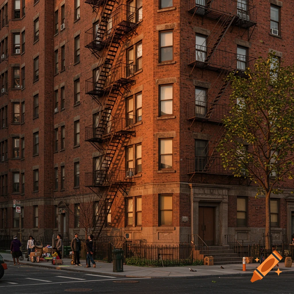 A photorealistic image of a brick apartment building with fire escapes, bathed in warm sunlight, at a city street corner with people on the sidewalk.