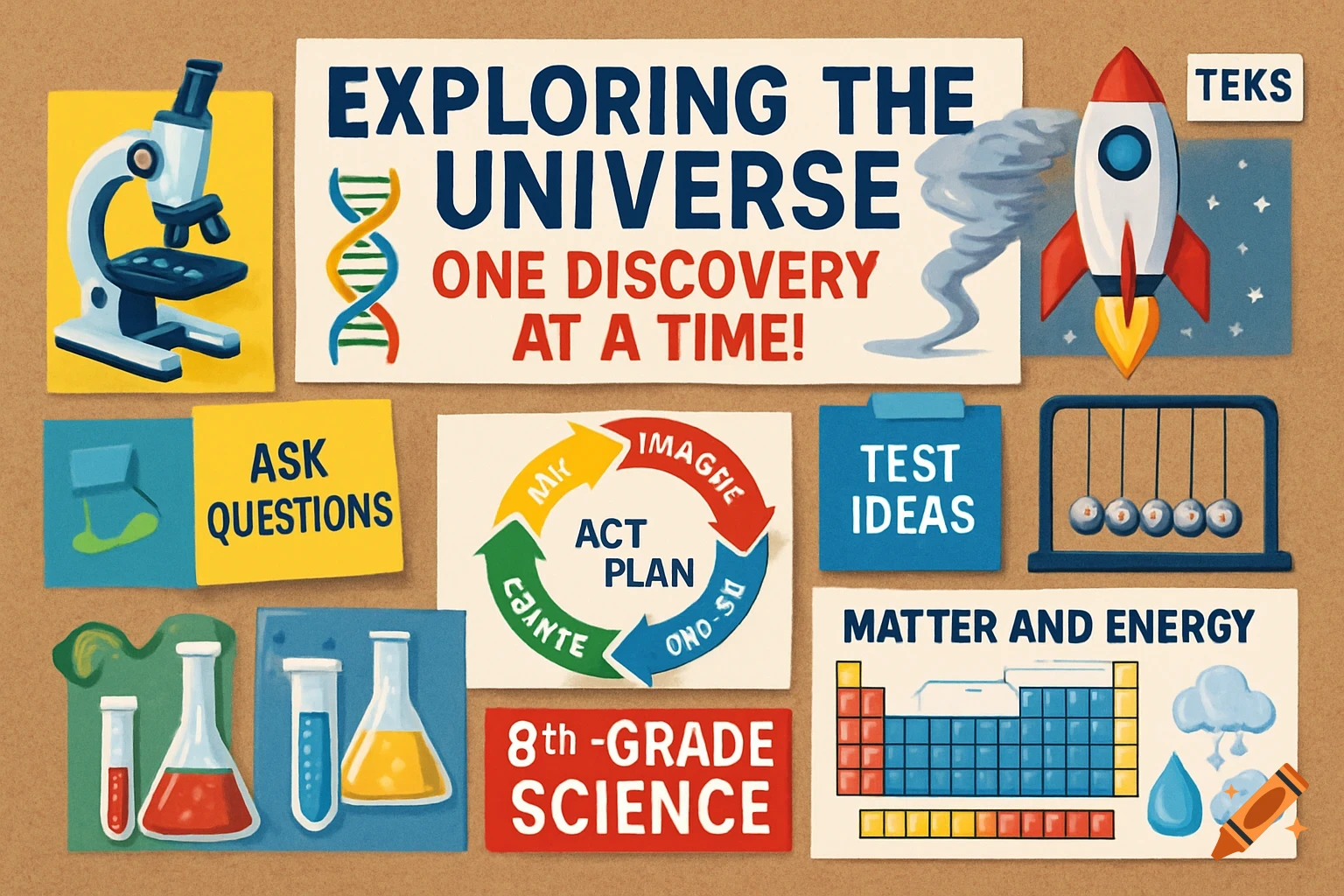 A colorful science vision board on a brown background, featuring a microscope, DNA strand, rocket, tornado, Newton's cradle, beakers, and a periodic table. Text reads "Exploring the Universe - One Discovery at a Time!", "Ask Questions", "Test Ideas", "Matter and Energy", "8th - Grade Science", and "TEKS". Some text in a circular diagram is garbled or misspelled.