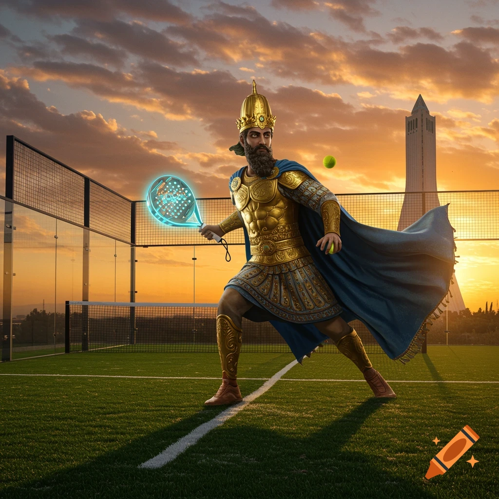 Hyper-realistic image of Cyrus the Great in golden armor playing padel on a court at sunset with Azadi Tower in the background.